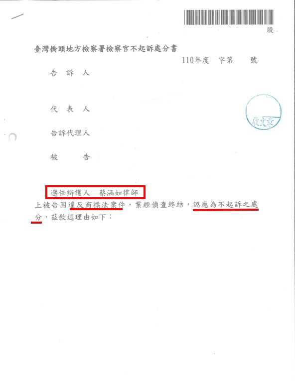 違反商標法獲不起訴處分