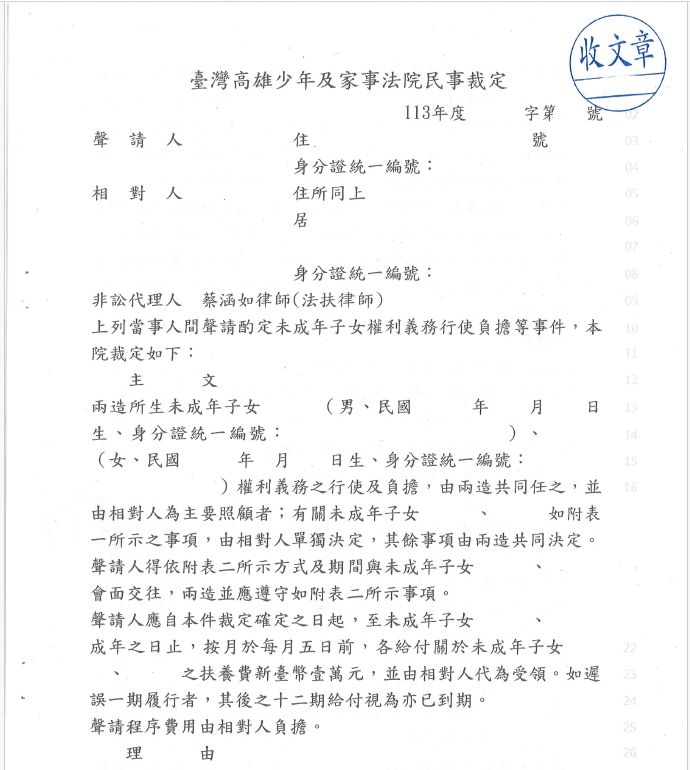 ~~聲請酌定未成年子女權利義行使負擔等~~